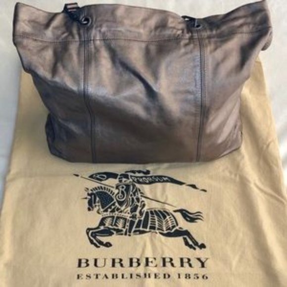 Burberry Dark Nickel Metallic Leather Drawstring Tote with Metal Accents - Picture 11 of 16